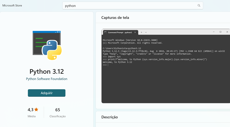 Instalação do Python via Microsoft Store