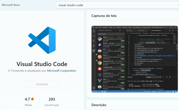 Instalação do Visual Studio Code via Microsoft Store